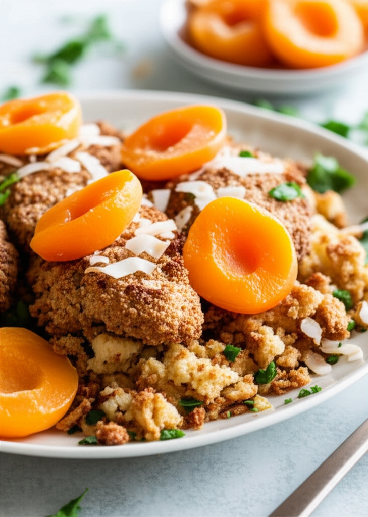 Baked chicken with a crumb topping, garnished with bright orange apricot halves and coconut flakes.