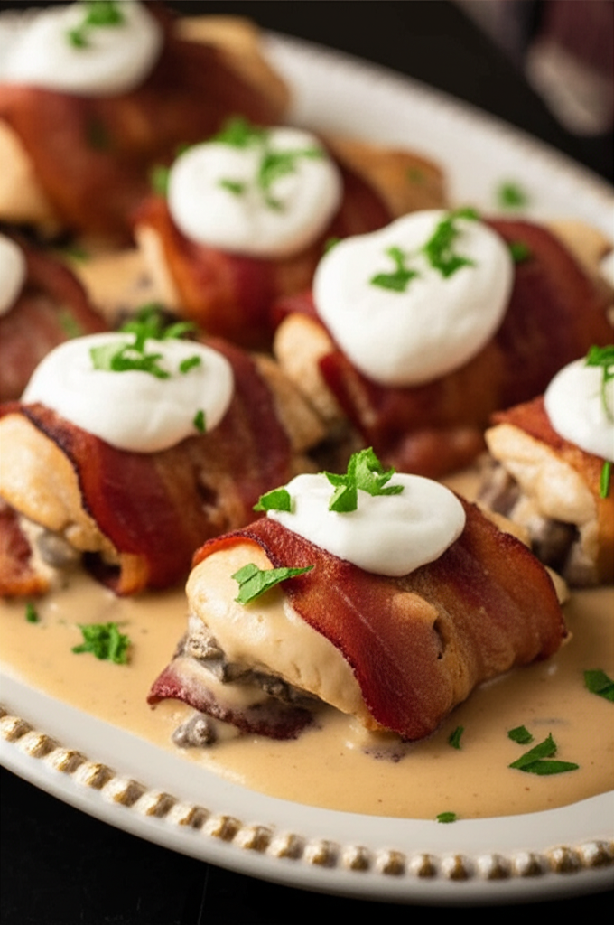Bacon-wrapped chicken breasts on a platter, topped with white sauce and parsley, in a creamy sauce.