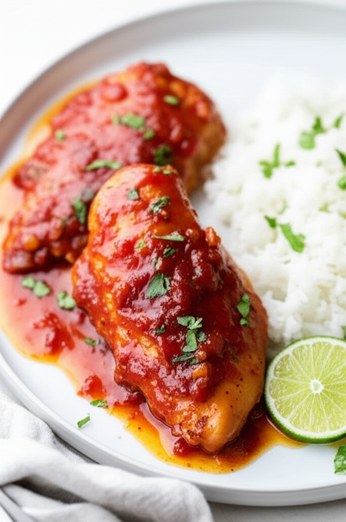 Chicken breasts with red sauce, rice, lime slice, and parsley garnish on a white plate.