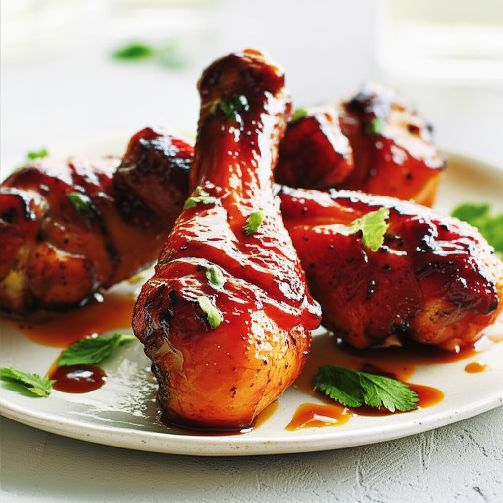 Glazed chicken drumsticks on a plate, garnished with fresh mint and sauce.