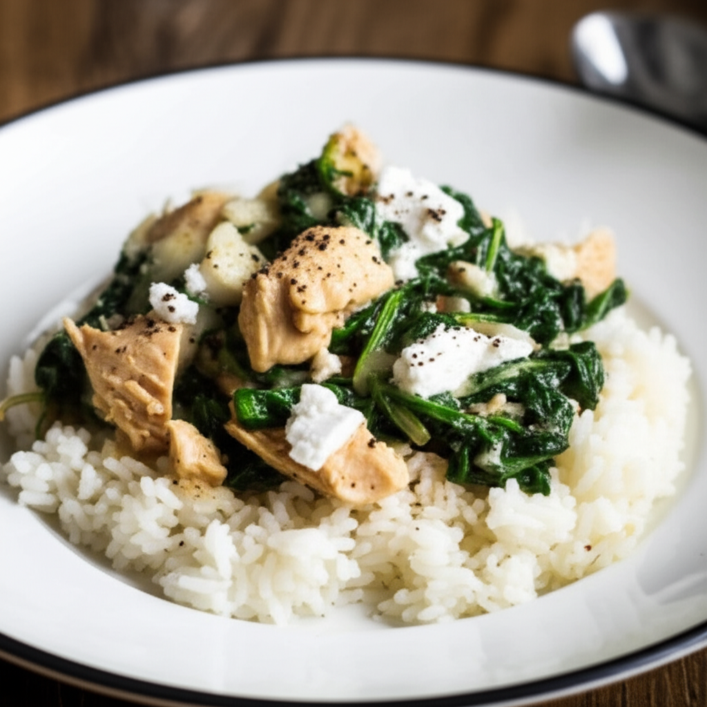 Chicken and spinach with goat cheese served over white rice on a white plate.