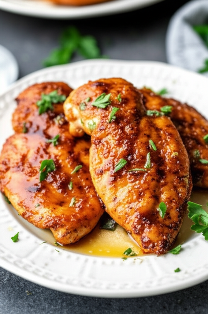 Oven-baked chicken breasts, glazed and garnished with parsley, served on a white plate.