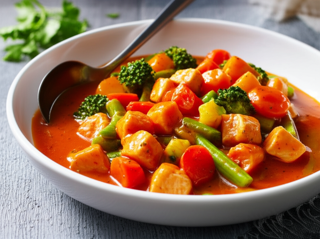 Chicken stew with broccoli, carrots, and green beans in a white bowl.