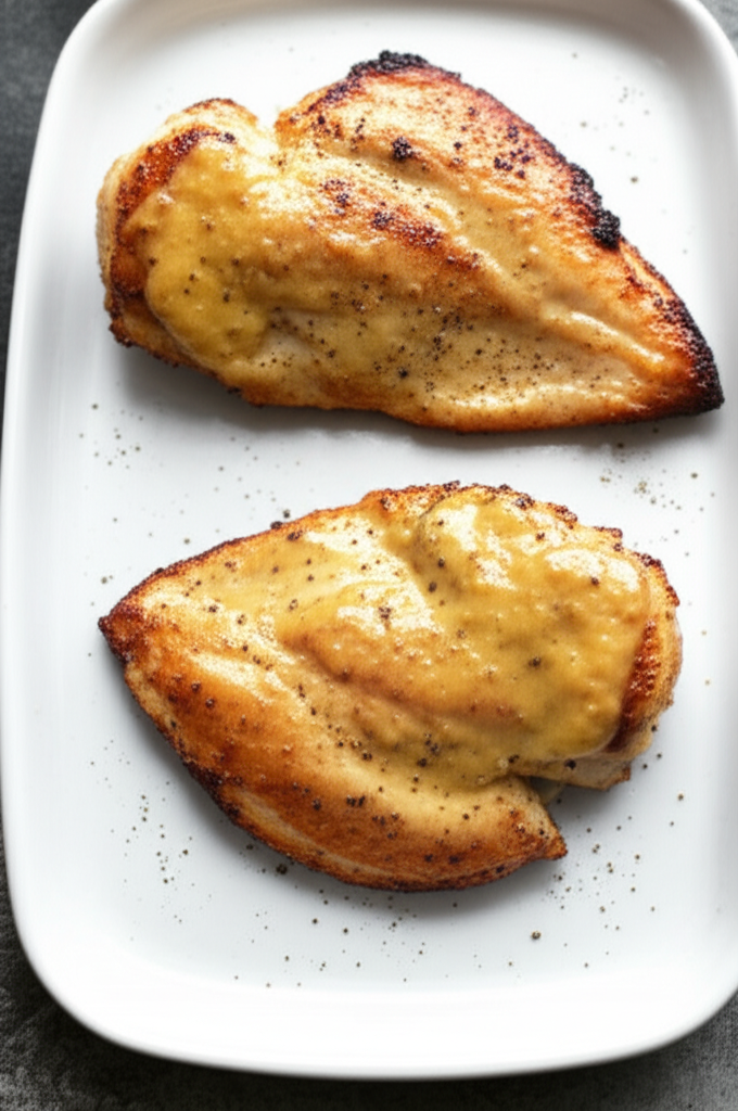 Two broiled chicken breasts with mustard sauce on a white plate.