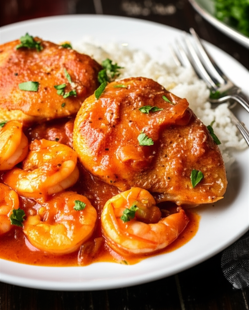Chicken scampi on white plate with rice. Chicken and shrimp in a red sauce, garnished with parsley.
