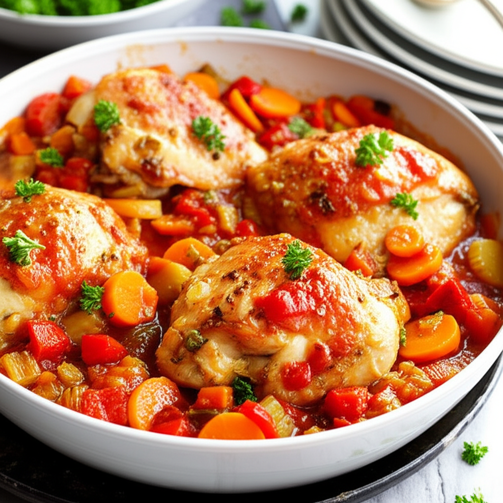 Braised chicken thighs with carrots, peppers, and herbs in a white serving dish.