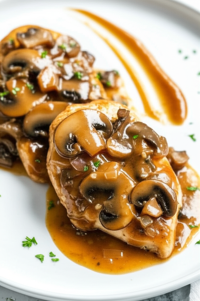 Chicken breasts topped with mushroom sauce on a white plate, garnished with parsley.