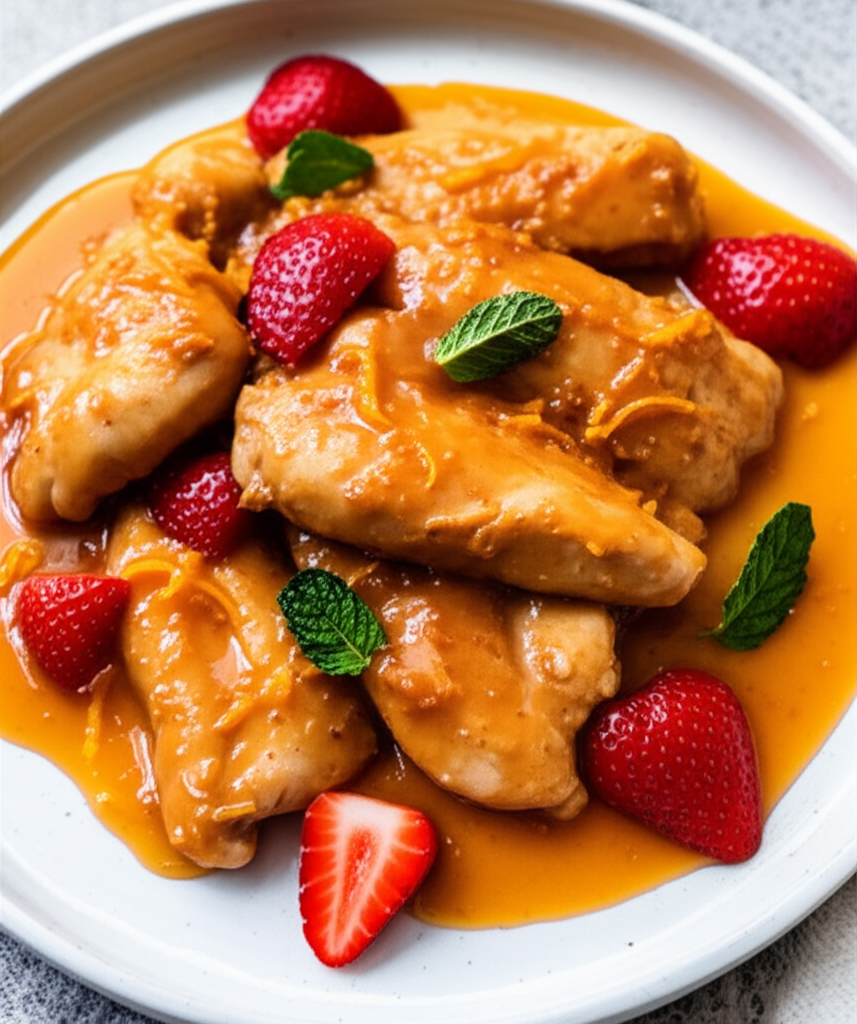 Chicken in orange sauce with fresh strawberries and mint garnish on a white plate.