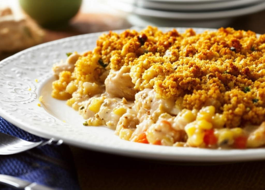 Chicken casserole on a white plate, topped with a golden-brown, crumbly crust. Chicken, vegetables, and creamy sauce visible.