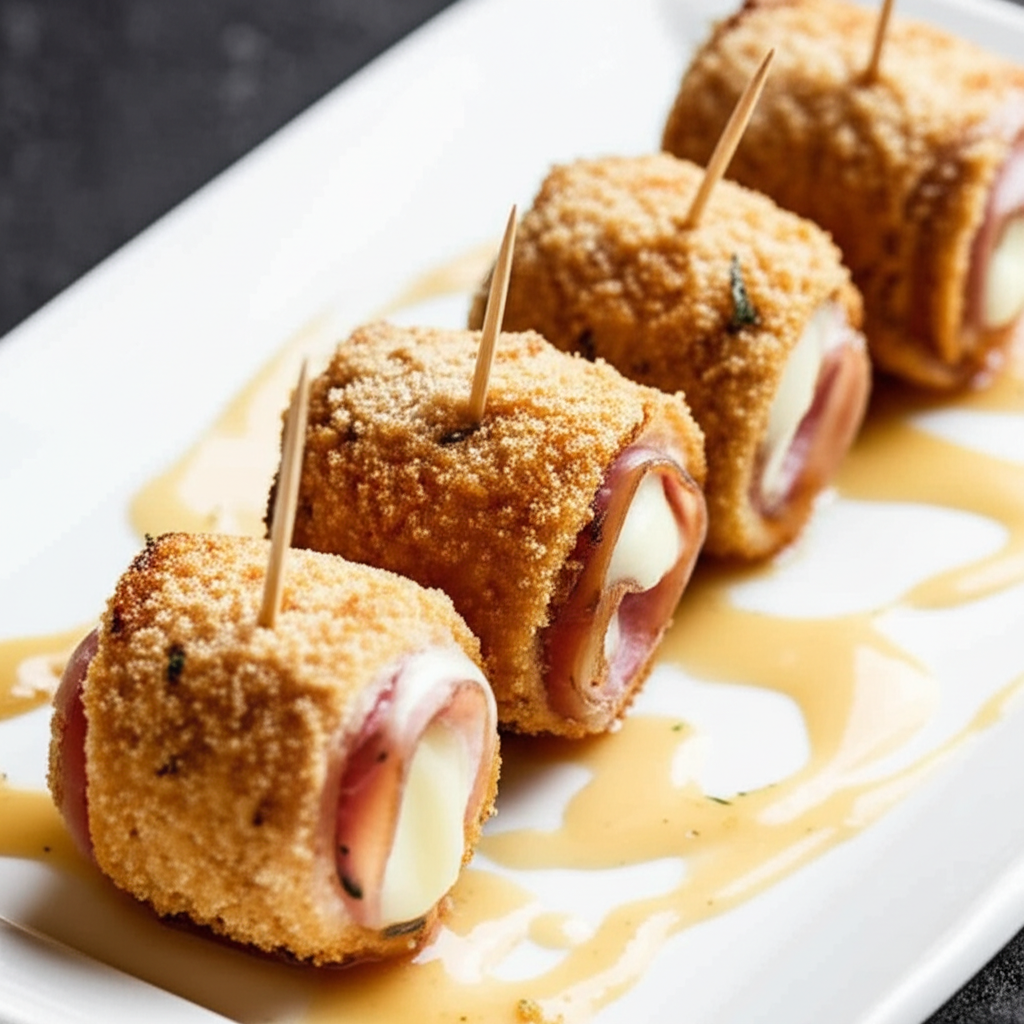 Four breaded chicken rolls with ham and cheese on a white plate, drizzled with sauce and held with toothpicks.
