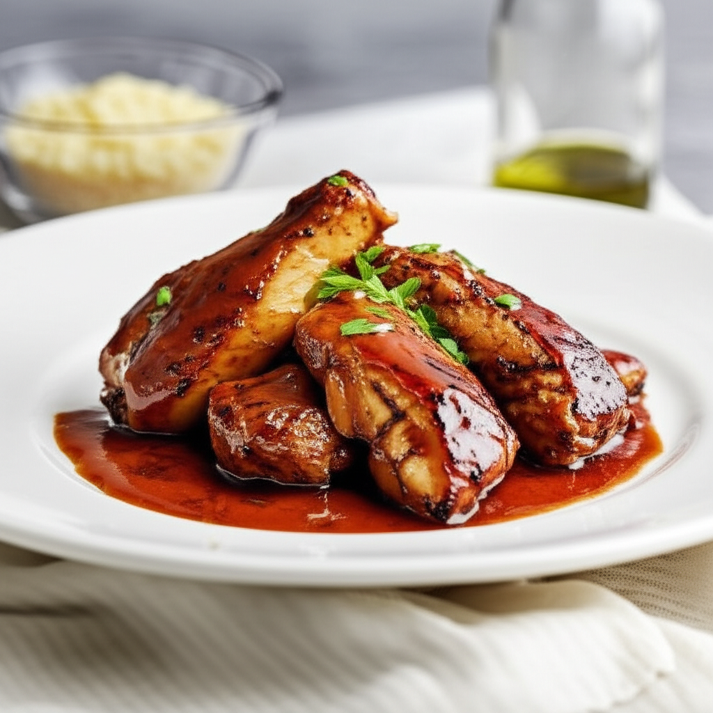 Chicken adobo pieces glazed with sauce, garnished with parsley, served on a white plate with sauce.