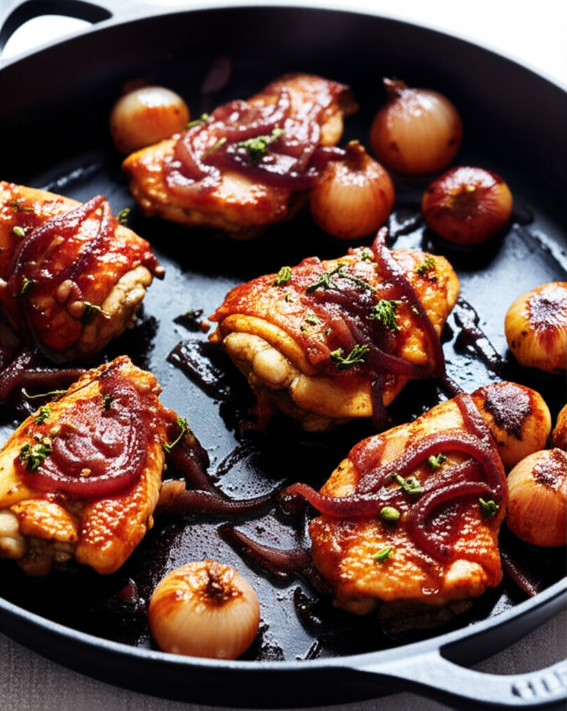 Braised chicken thighs with caramelized onions and red wine sauce in a black skillet.