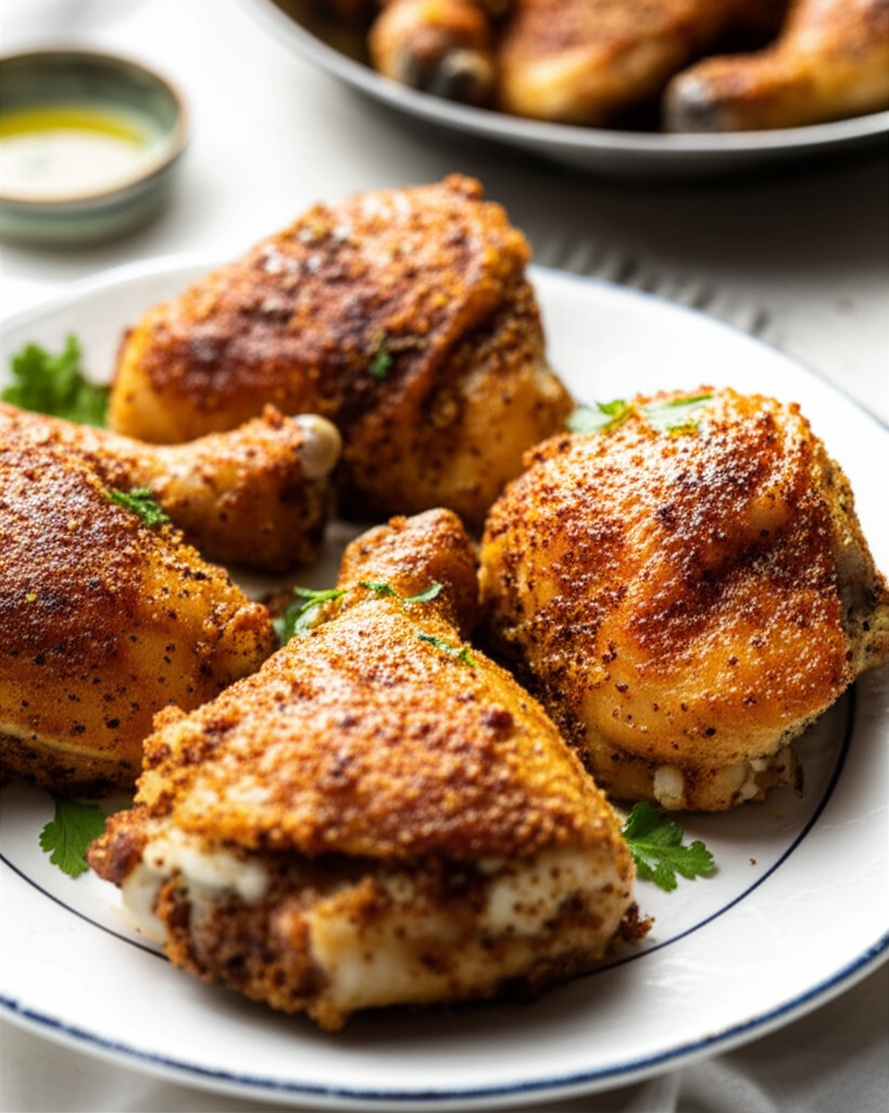 Mustard-baked chicken pieces, golden-brown and crispy, arranged on a white plate with parsley garnish.
