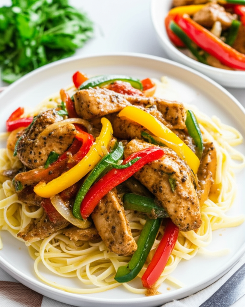 Sautéed chicken and colorful bell peppers served over pasta on a white plate.