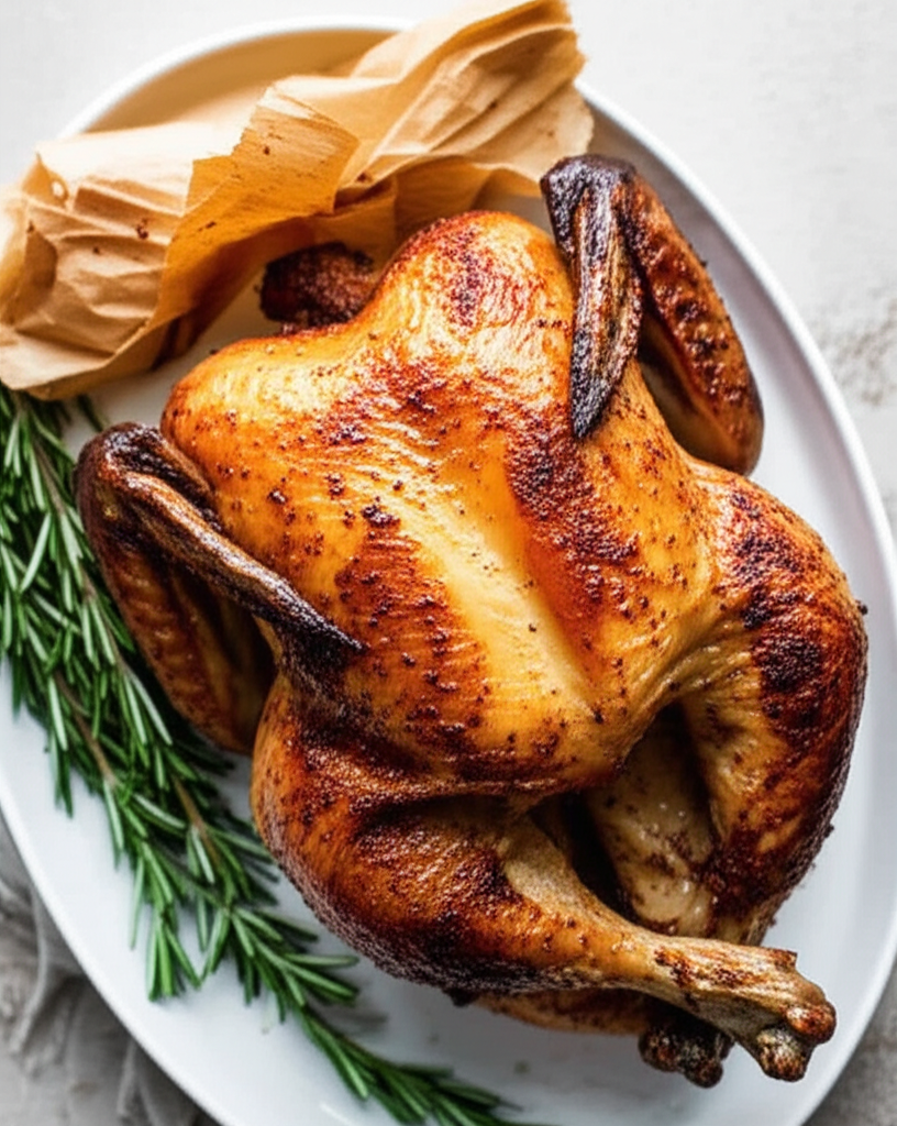 Roasted whole chicken with crispy, golden-brown skin, served on a white plate with rosemary and crumpled paper sack.