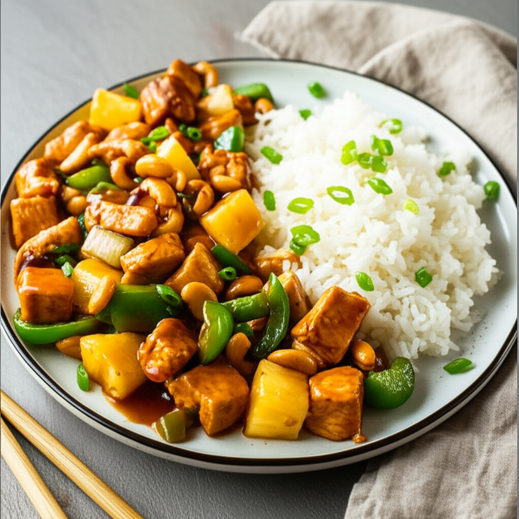 Chicken stir-fry with pineapple, cashews, and green peppers, served with white rice and scallions.