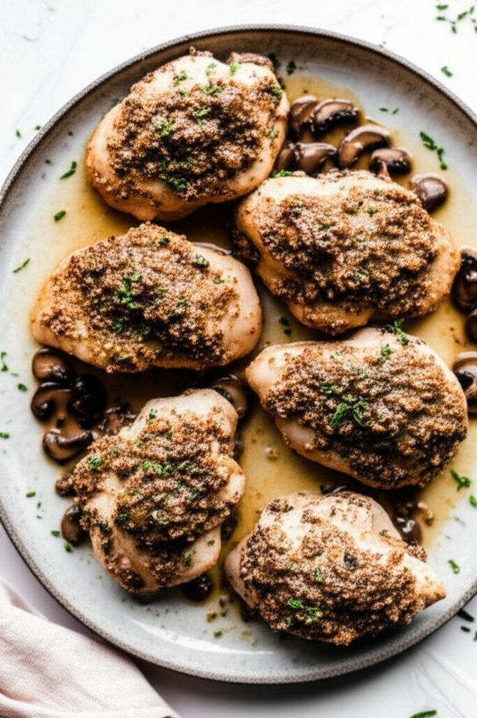 Baked chicken breasts topped with browned crumbs and herbs, served with sauteed mushrooms in a light sauce.