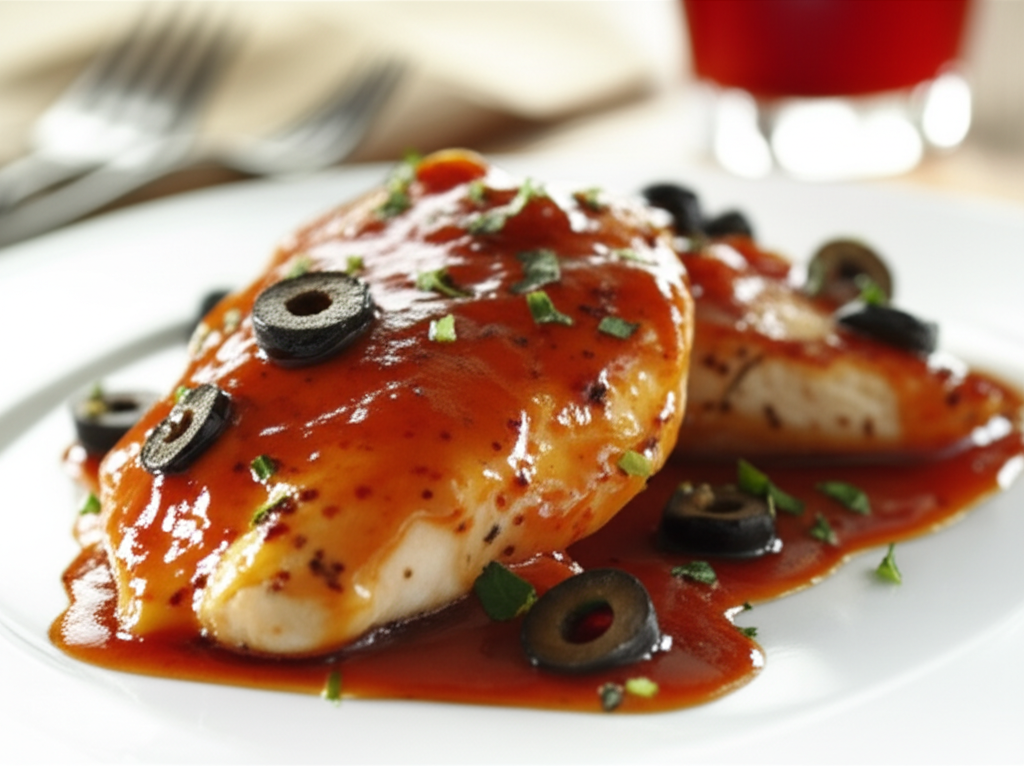 Two glazed chicken breasts on a white plate, topped with black olives and herbs.