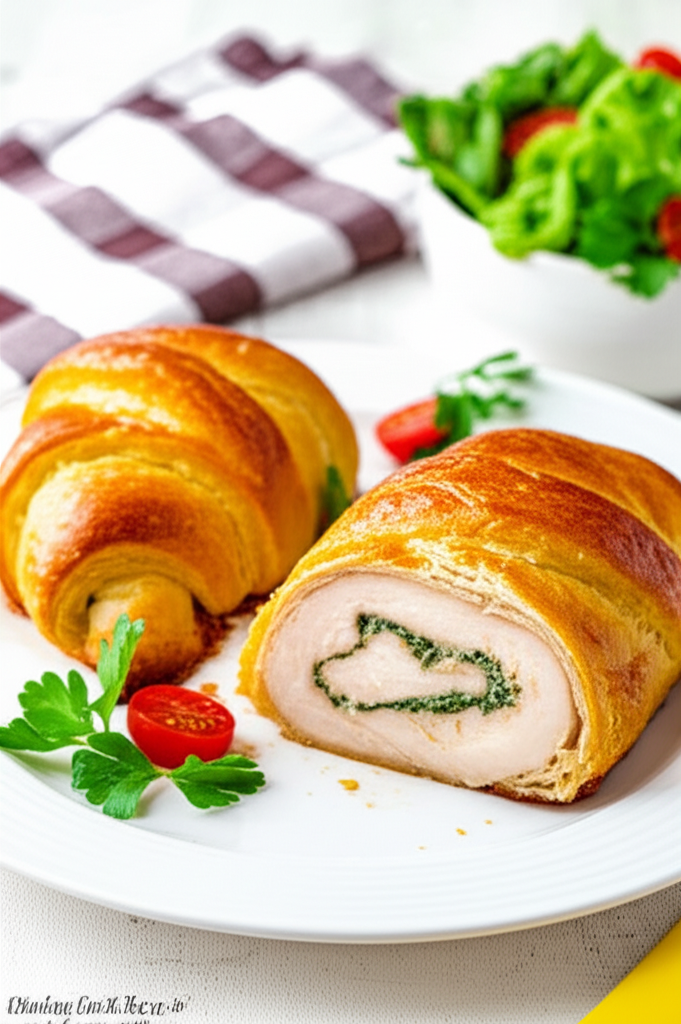 Golden-brown Chicken Wellington, one sliced to show spinach filling, served with salad on a white plate.