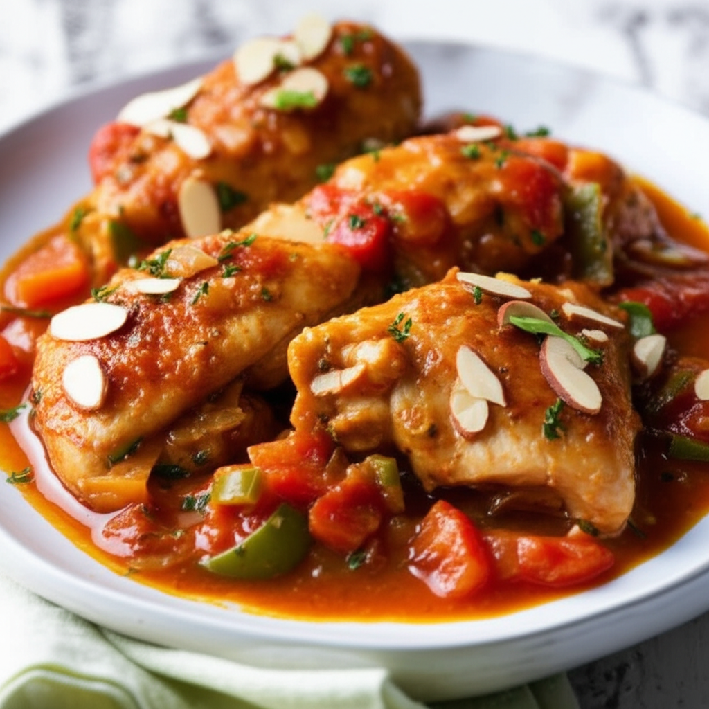 Chicken Bombay: Braised chicken pieces in tomato sauce with peppers, garnished with sliced almonds and parsley.