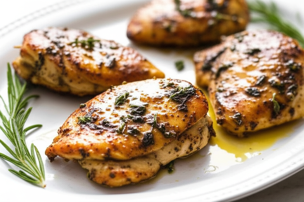 Seared chicken breasts with herbs on a white plate, garnished with fresh rosemary.