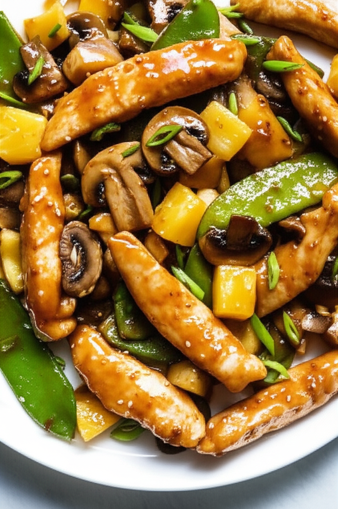 Stir-fried chicken with pineapple, mushrooms, and snow peas, garnished with green onions.