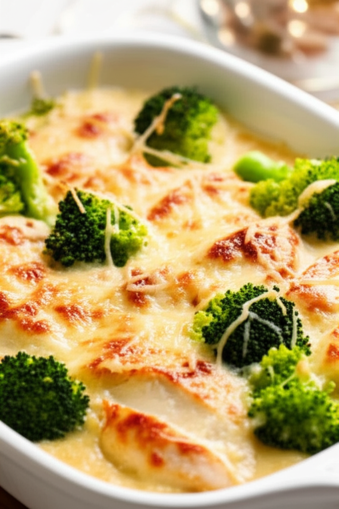 Baked chicken and broccoli casserole with melted, browned cheese in a white dish.