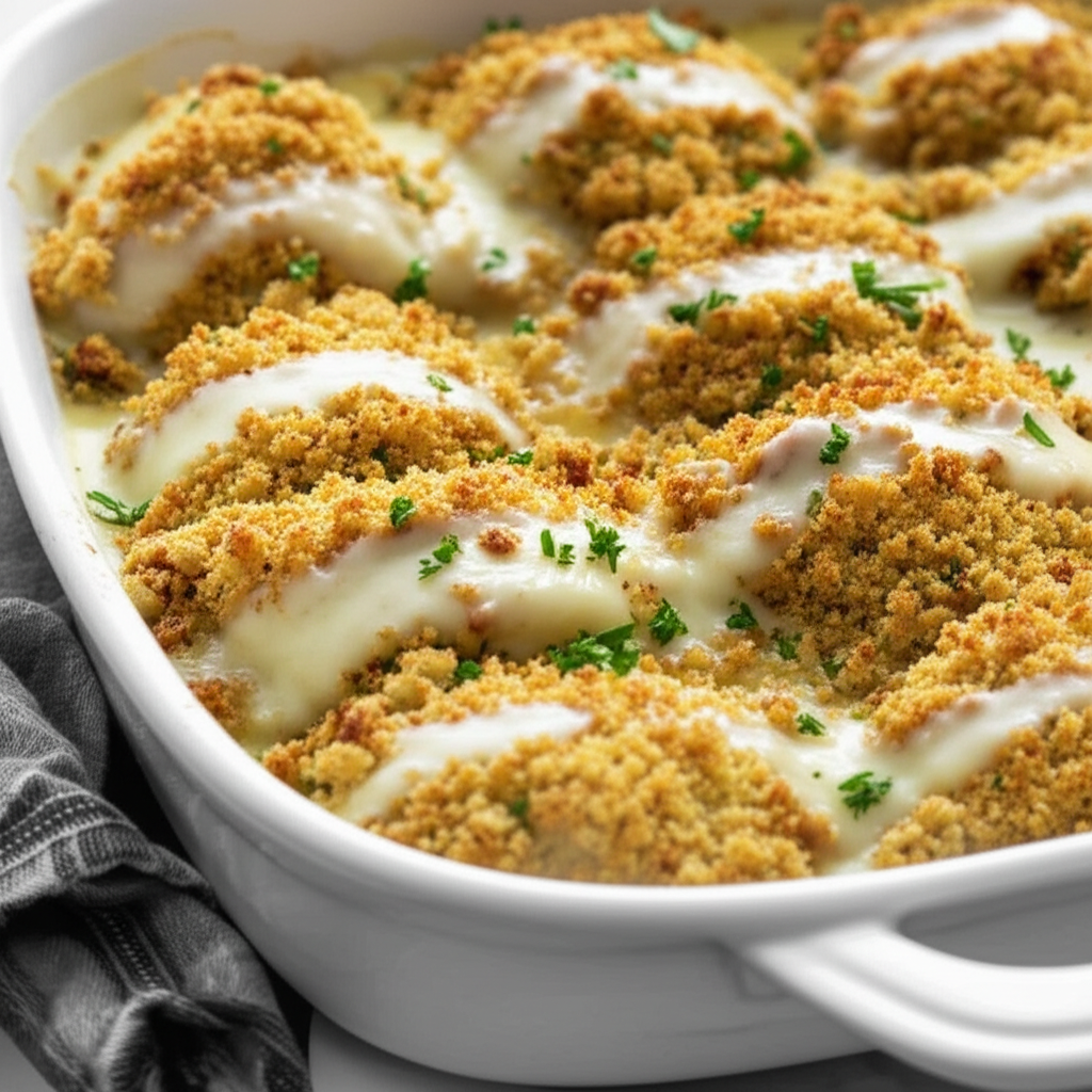Baked chicken breasts topped with creamy sauce and golden-brown breadcrumbs in a white casserole dish, garnished with parsley.