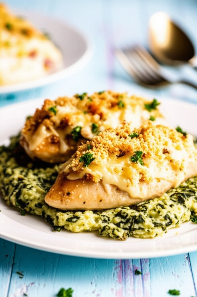 Baked chicken breasts topped with melted cheese and breadcrumbs, served on a bed of spinach.