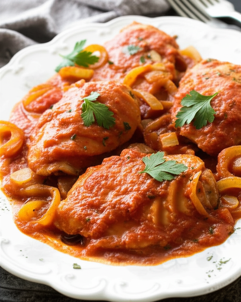 Chicken Cacciatore: Braised chicken thighs in tomato sauce with onions, garnished with parsley on a white plate.