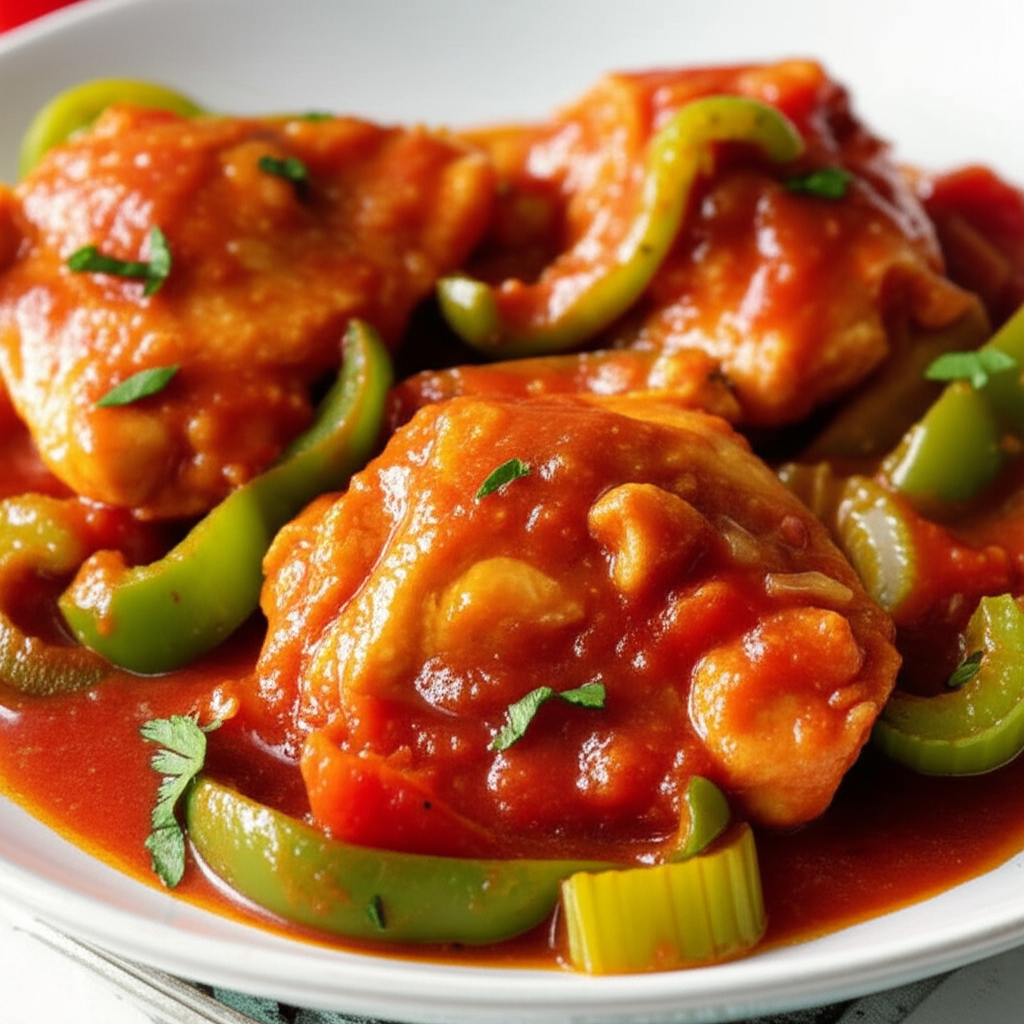 Chicken Cacciatore: Braised chicken pieces in tomato sauce with green bell peppers, served on a white plate.