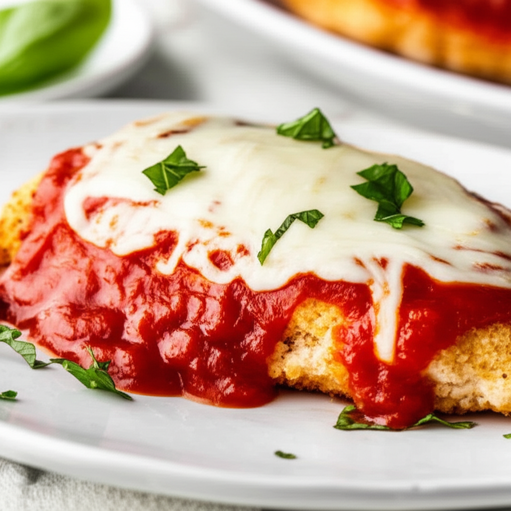 Chicken parmesan on a white plate, topped with melted cheese, tomato sauce, and basil.