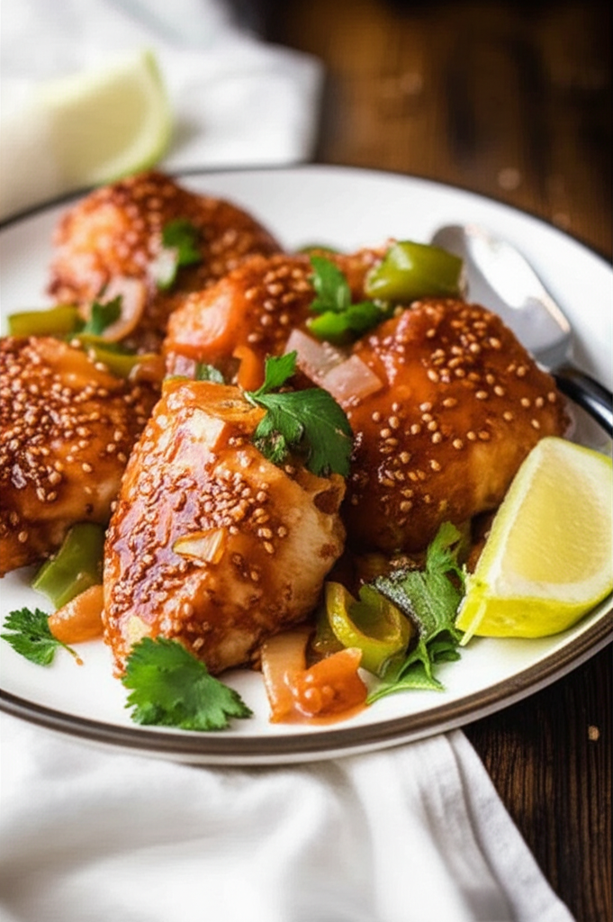 Glazed sesame chicken pieces with peppers and onions on a white plate, garnished with lime.
