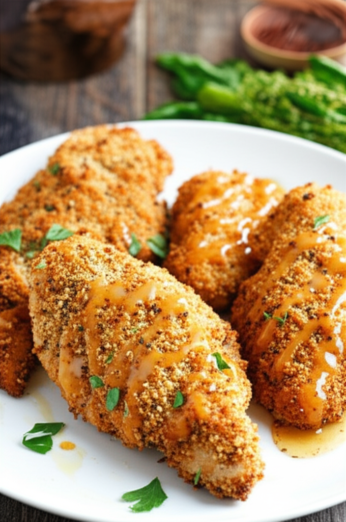 Crispy, breaded chicken breasts drizzled with honey dijon sauce on a white plate, garnished with parsley.