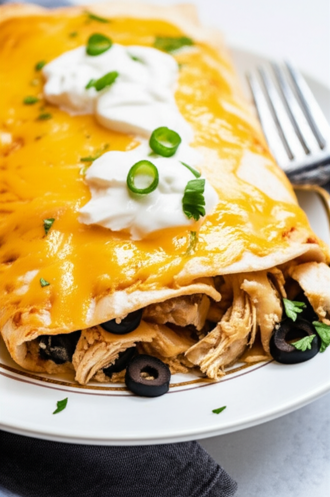 Baked chicken enchilada topped with melted cheese, sour cream, and green onions on a white plate. Filling includes chicken and black olives.