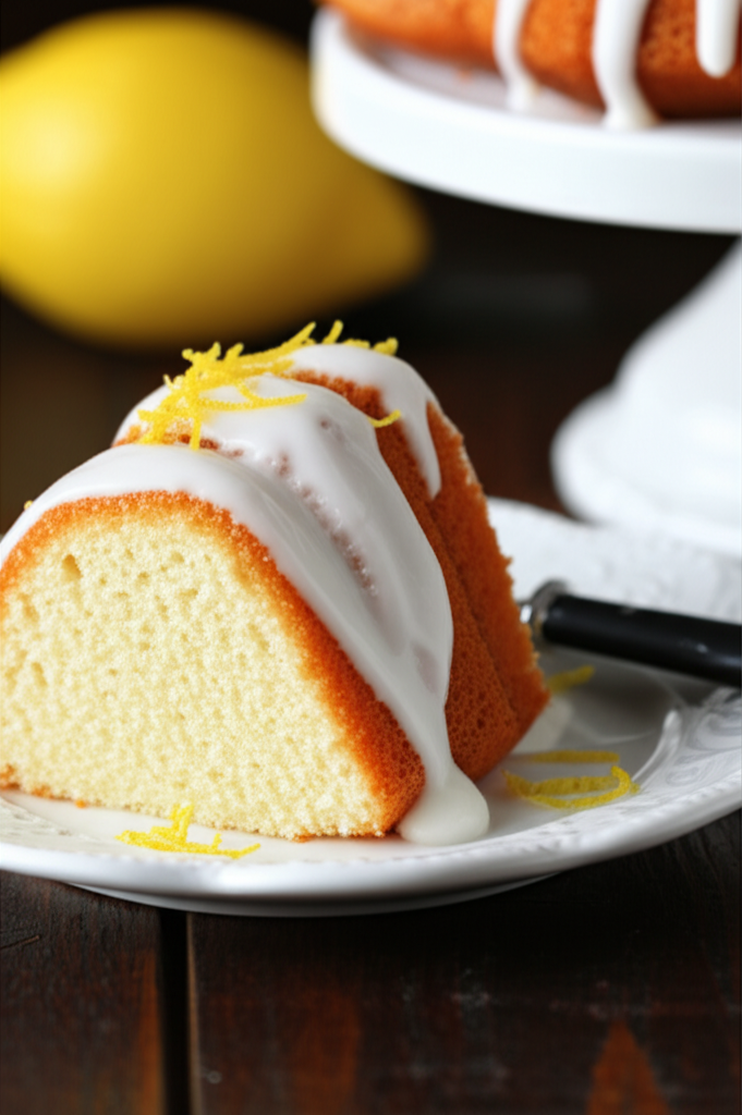 Slice of lemon bundt cake with white glaze and lemon zest on a white plate.