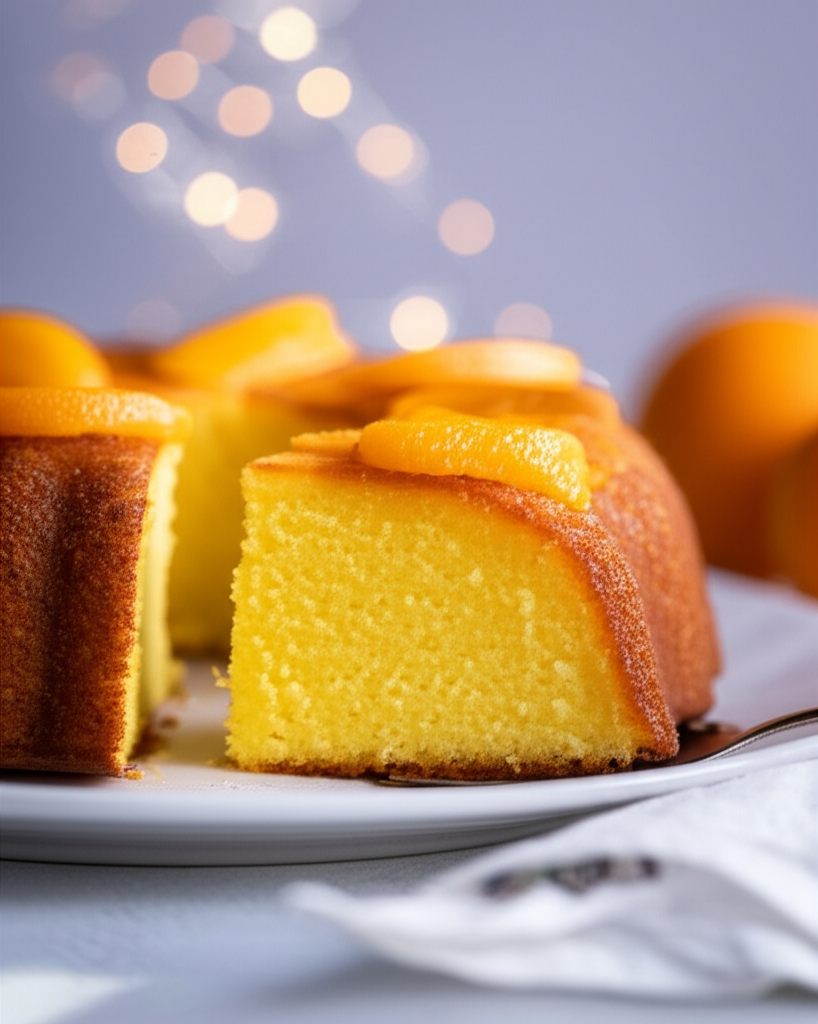 Sliced orange cake on a white plate, topped with orange segments. Cake has a golden-brown crust and a moist, yellow interior.