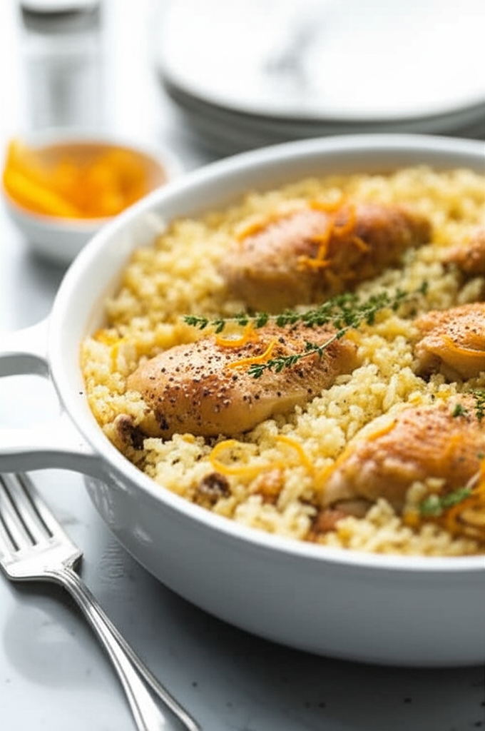 Baked chicken and rice casserole in a white dish, garnished with orange zest and thyme.