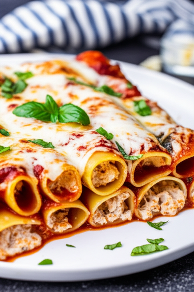 Baked manicotti pasta filled with chicken, topped with melted cheese, tomato sauce, and basil on a white plate.