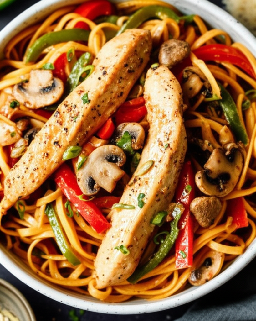 Cajun chicken pasta: Linguine with sliced grilled chicken, mushrooms, and red and green bell peppers in a white bowl.