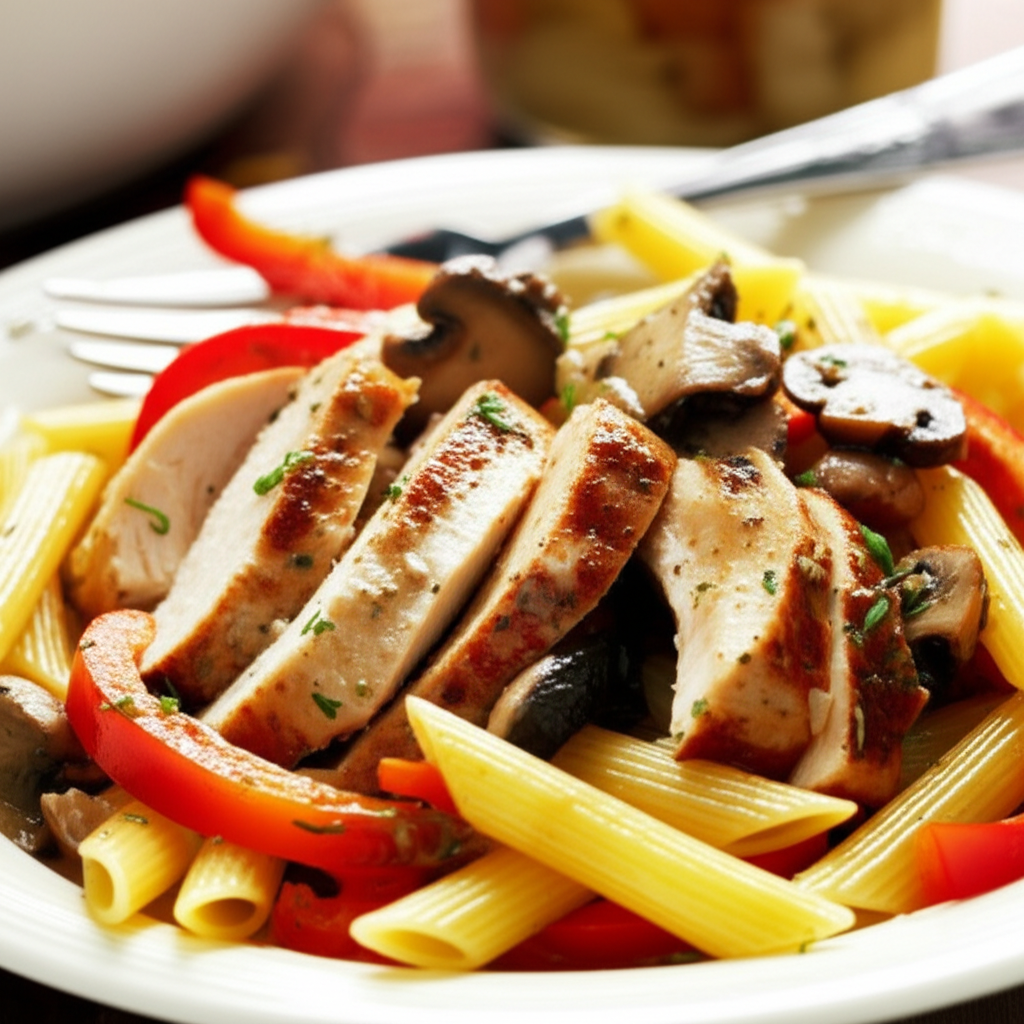 Sliced grilled chicken with penne pasta, red bell peppers, and sautéed mushrooms on a white plate.