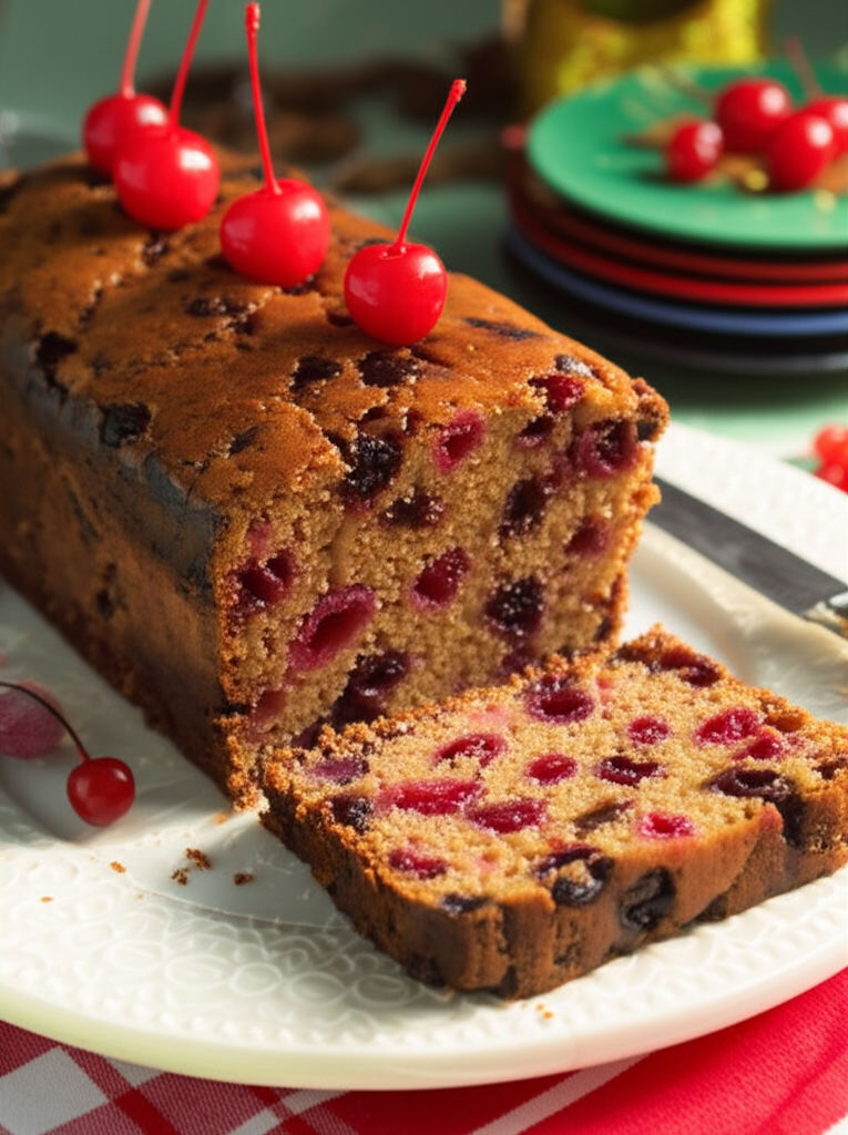 Sliced cherry cake topped with bright red maraschino cherries.