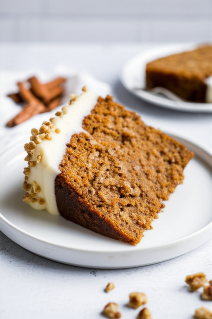 Slice of moist carrot cake with cream cheese frosting and chopped nuts on a white plate.