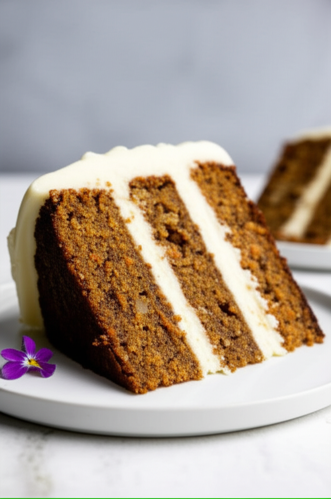 Slice of carrot cake with white frosting on a plate, garnished with a purple flower. Another slice is blurred in the background.