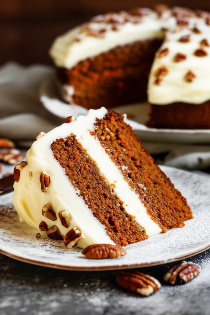 Slice of moist carrot cake with cream cheese frosting and pecan garnish.
