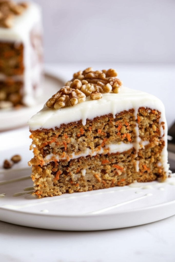 Slice of layered carrot cake with white frosting and walnut topping on a white plate.