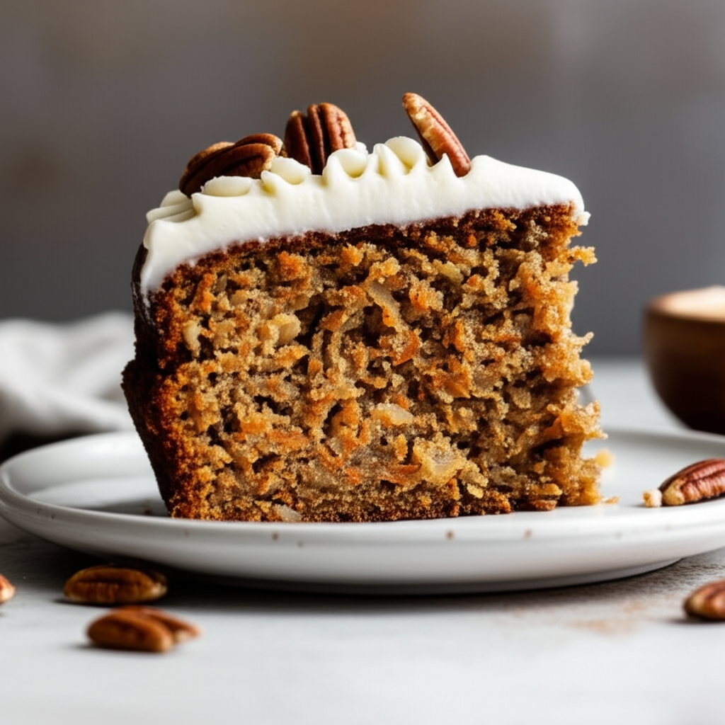 Slice of carrot cake with white frosting and pecan topping on a white plate.