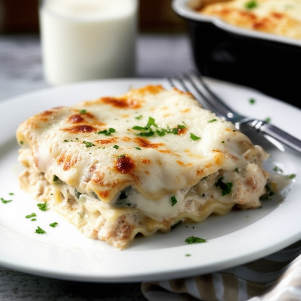 Slice of white lasagna on a plate, topped with melted cheese and parsley.