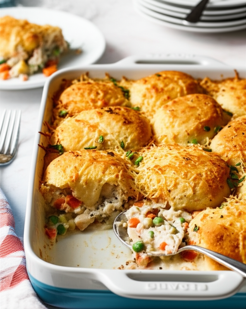 Chicken casserole with golden biscuit topping in a blue-trimmed baking dish. Spoonful of creamy chicken, peas, and carrots.