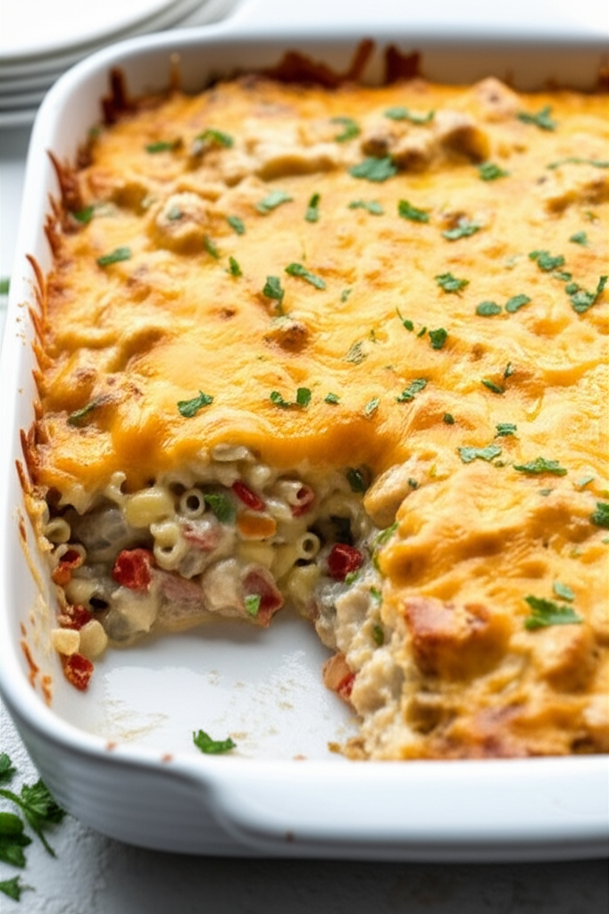 Baked chicken casserole with melted cheese topping, macaroni, and diced vegetables in a white dish, garnished with parsley.